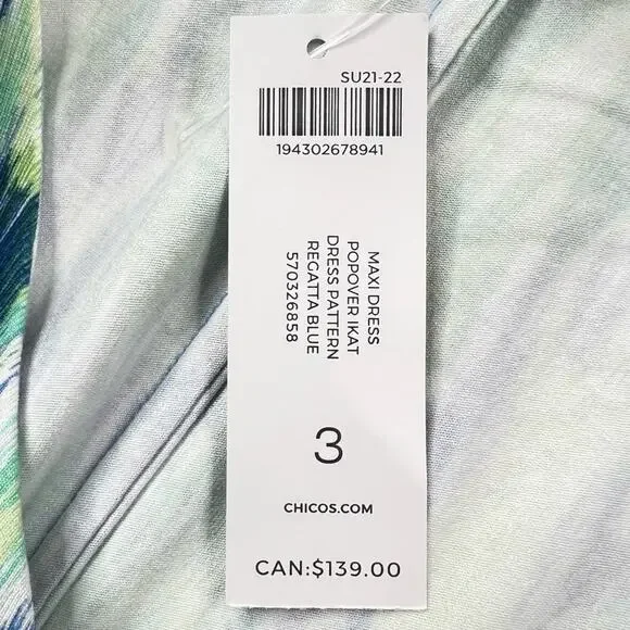 NWT Chico's Maxi Dress Size 3 US XL 16/18 Ikat Popover Regatta Blue Green Travel - Picture 13 of 15